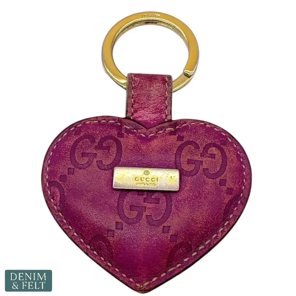 Gucci Monogram Leather Heart Key Ring in Magenta Pink‎ with Gold Hardware